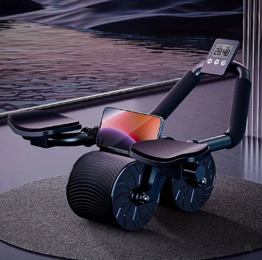 Rodillo abdominal con apoyabrazos, cronometro y alfombrilla para rodillas